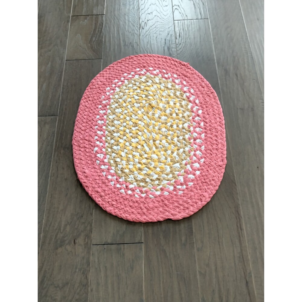 Braided Rag Rug Oval 22.5 x 29 Coral Pink Yellow Gold White